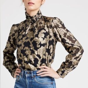 MILLE Charlotte Metallic Jacquard Blouse XS Black Gold NWT Holiday Top